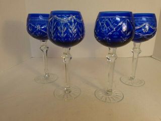Set 4 Cobalt Blue Cut To Clear Footed Goblets Hand 7 Inches Tall Vintage