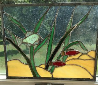 Vintage Leaded Stained Glass Panel With Fish Decor 14 1/2 X 11 1/2”