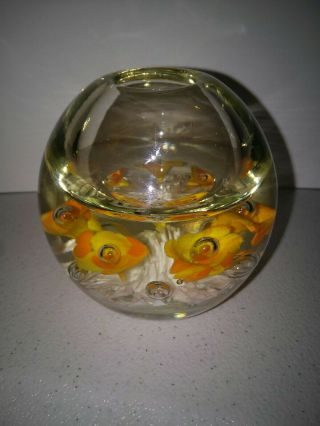 St Clair Art Glass Paper Weight Yellow Trumpet Flowers,  Bubbles
