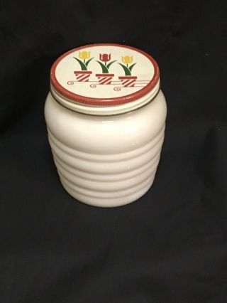 Vintage Fire King Tulip Anchor Hocking Ivory Glass Ribbed Grease Jar Beehive