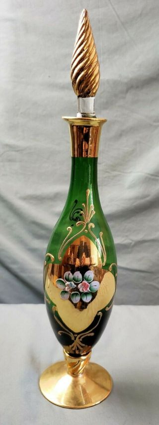 Vintage Italian Emerald Green & Gold With Hand Painted Flowers Decanter