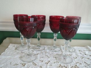 6 Ruby Red Stem Wine Glass Diamond Leaf Cranberry Cristal D 