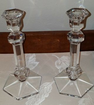 Pair Val St.  Lambert Gardenia Crystal Candle Holders Candlesticks Signed 9 3/8 "