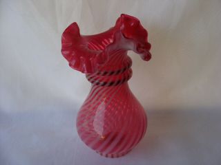 Vintage Fenton Ruffled Ring - Necked Cranberry Opalescent Optic Swirl Vase 6 "