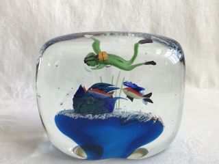 Vintage Scuba Diver Swimming Fish Blue Ocean Reef Art Glass Paperweight Large 5 "