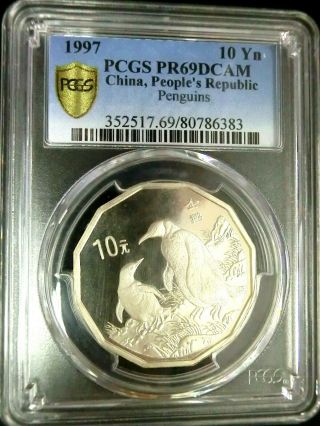 Pcgs Pr69dcam Gold Shield - China 1997 Penguins Silver $10 Almost Perfect Pf W/coa