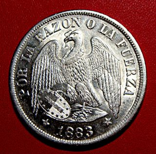 Republic Chile 1883 So (25 Gram) Un (1) Peso Silver Coin Au/ms Km 142