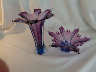 Vintage Decorative Purple/blue Art Glass Vase & Dish,  Hand Crafted Splash Design