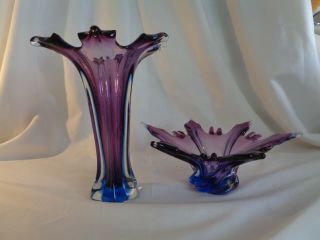 Vintage decorative purple/blue art glass vase & dish,  hand crafted splash design 2
