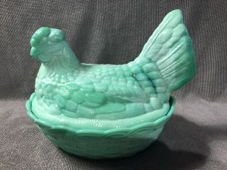 Awesome Vintage Jadeite Green Glass Hen Chicken On A Nest Covered Dish Large.