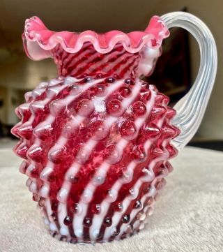 Vintage Fenton Cranberry White Hobnail Pitcher With Ruffled Edge 5 " Tall