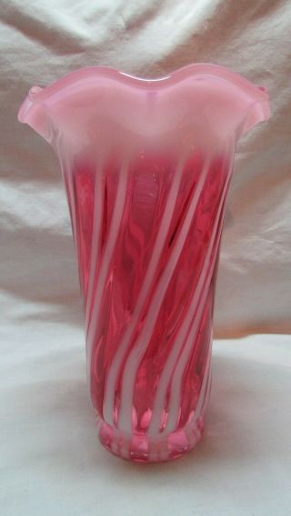 Vintage Fenton Cranberry Opalescent Spiral Swirl 8 ",  Crimped Top Vase
