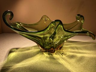 Vintage Murano Sommerso Freeform Art Glass Bowl Centrepiece Green / Amber