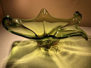 Vintage Murano Sommerso Freeform Art Glass Bowl Centrepiece Green / Amber 2