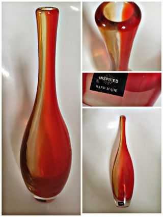 Vintage Orange Toned Glass Bud Vase Tall Teardrop Sommerso Hand Made