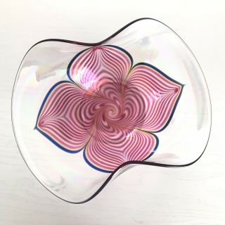 Stuart Abelman Art Glass Signed Pulled Feather Folded Edge Candy Dish 11