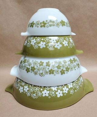 Vintage Set Of 4 Pyrex Spring Blossom Avocado Green Mixing Nesting Bowls 441 - 444
