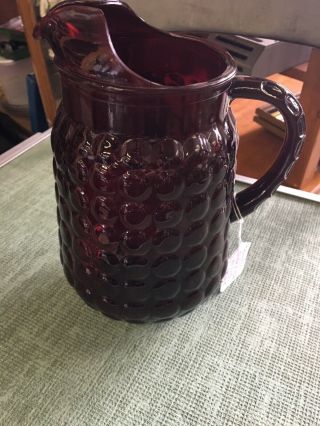Anchor Hocking Bubble Royal Ruby Red Glass 9 3/8 " Pitcher Ice Lip Vintage