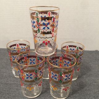 Stunning Vintage French Hand Painted Glass Tumblers W Gold Trim 4 " Tall Set Of 6