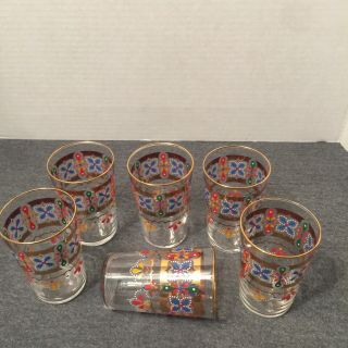 Stunning Vintage French Hand Painted Glass Tumblers w Gold Trim 4 