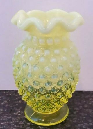 Vintage Fenton Vaseline Opalescent Hobnail Small Vase Ruffled Top