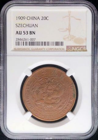 1909 China Szechuan 20 Cash Y - 21t.  2 Ngc Au 53 Bn,  Copper