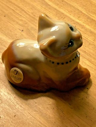 Vintage Fenton Hand Painted Glass Brown/beige Jeweled Cat Figurine Signed - Euc