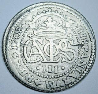 1708 Spanish Silver 2 Reales Antique 1700s Two Bits Pirate Treasure Coin