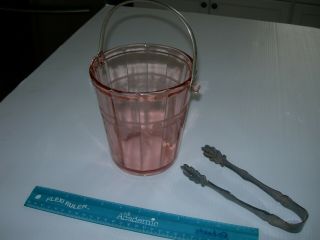 Vintage Pink Depression Glass Ice Bucket Floral Etched Pattern And Tongs