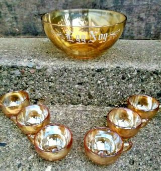 Christmas Egg Nog Bowl Set Jeannette Marigold Carnival Glass Bowl And 6 Cups Set