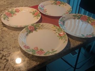 Set Of 4 Corelle Dinner Plate Elegant Rose W/ Leaves Design - 10.  1/4 
