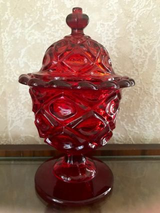 Vintage Viking Glass Ruby Red Thumbprint Compote Candy Dish