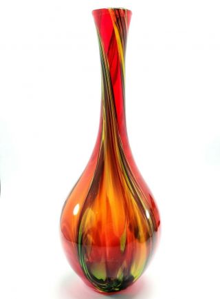 Vintage Art Glass Red Vase With Colorful Swirls Yellow Green 14.  5 " Tall