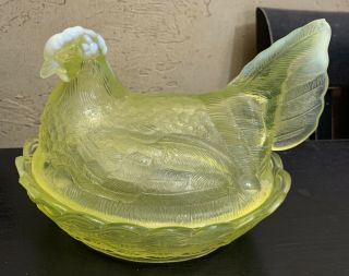 Bright Yellow Indiana Glass Hen On Nest