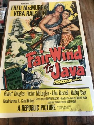 Vtg Fair Wind To Java Red Witch Movie Poster Folded