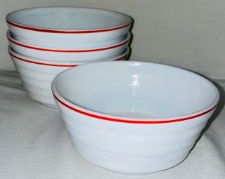 4 Hazel Atlas Moderntone Platonite White W/red Stripe 5 " Deep Cereal Bowls