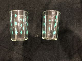 2 Pyrex Vintage Mid Century Turquoise Diamond Star Juice Glasses Htf No Res