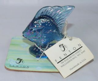 Fenton Art Glass Sunfish Paperweight 2 - 5/8” Iridescent Carnival Blue On Card
