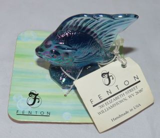 Fenton Art Glass Sunfish Paperweight 2 - 5/8” Iridescent Carnival Blue on Card 3