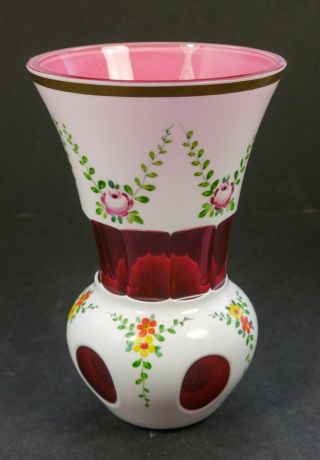 Vtg Bohemian Czech White Cut To Cranberry Hand Painted Flower Vase Minor Flaw
