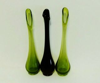 Three (3) Vtg Viking Glass Epic Swung Bud Vases - 1black,  2green,  11.  5 " Tall