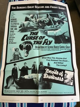 Vint Movie Poster Orig Theater 1965 Double Feature Curse Of Fly Devils Darkness