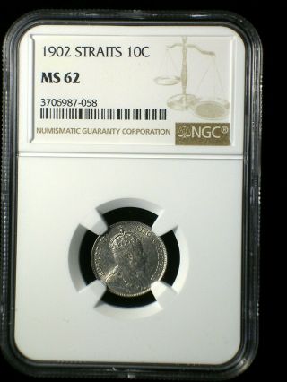 Straits Settlements 1902 10 Cents Ngc Ms - 62 Malaysia Scarce 2 Year Issue