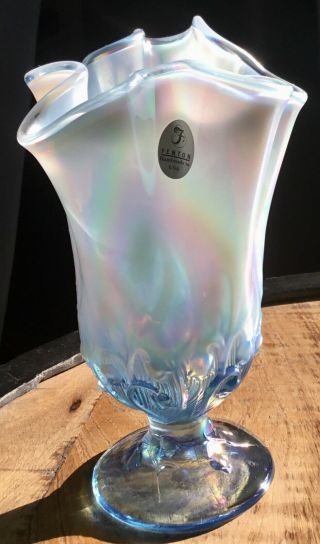 Fenton Blue Opalescent Lily Of The Valley Glass Handkerchief Vase,  Flower Vase