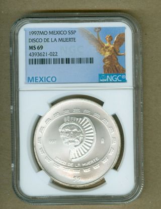 1997 - Mo Mexico Disco De La Muerte Silver 1oz Silver $5 Peso Coin Ngc Ms 69