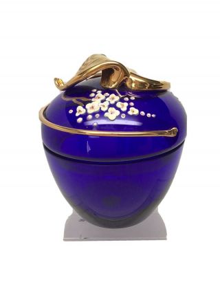 Vintage Bohemian Cobalt Blue Glass Gold Lidded Trinket Bowl Jar Hand Painted