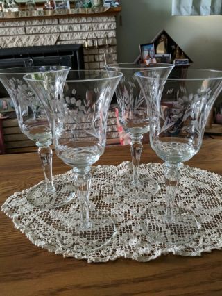 4 Vintage Elegant Floral Cut Crystal Wine Glasses 7.  25 In