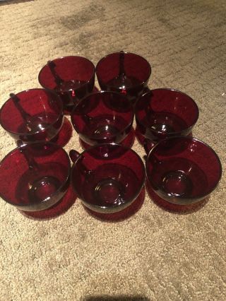 8 Vintage Anchor Hocking Ruby Red Glass Punch Bowl/ Tea Cups Euc Very
