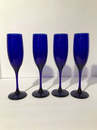 Vintage Set Of 4 Libbey Cobalt Blue Champagne Flutes Glasses 8 3/4” Tall