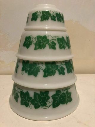 Vintage Hazel Atlas White Milk Glass Green Ivy Mixing Bowls
